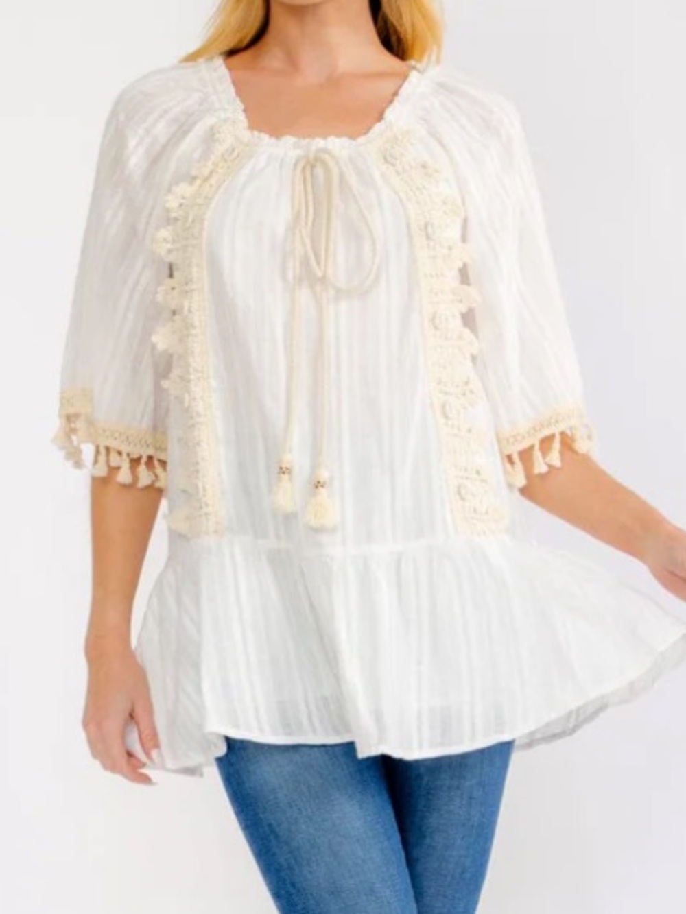 Boho Women’s White Peasant Blouse with Tassel Trim size S-M-L